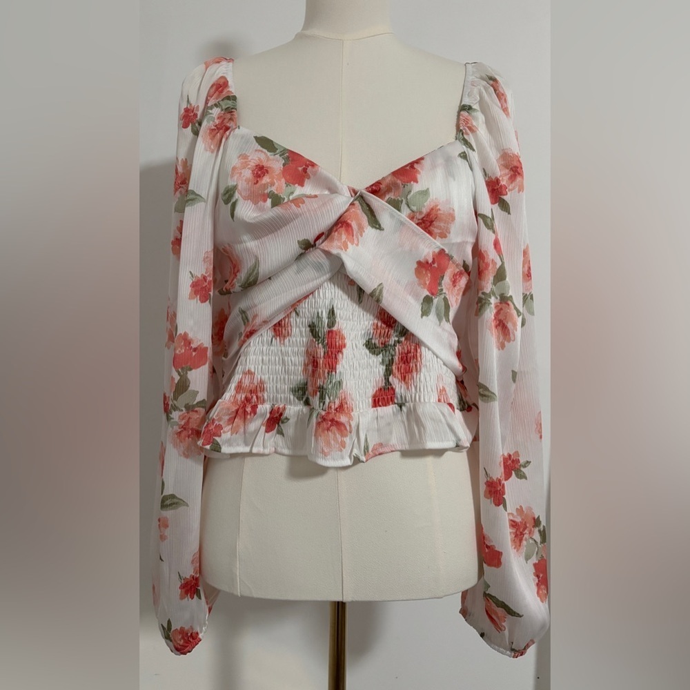 Dressy Feminine Blouse Size Large Floral Pink and Green Soft Fairy Flowy SKU 20